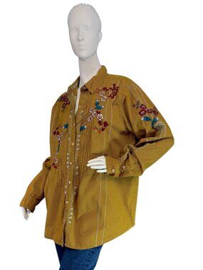 Johnny Was Mustard Golden Yellow Shirt Embroidered Floral Stripe Size XL